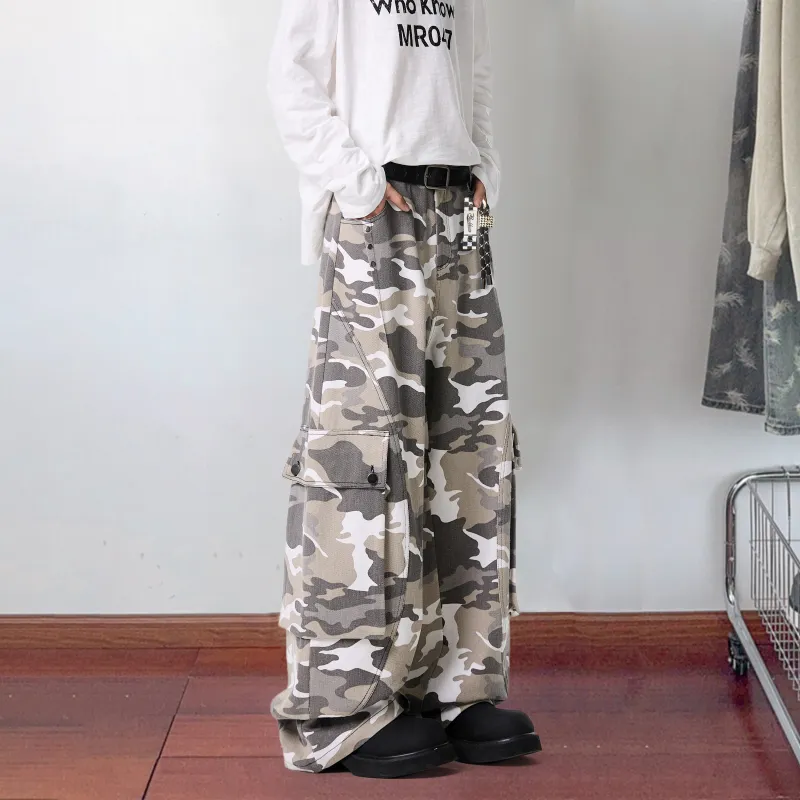 David Bakken Cargo Pants Unisex White Gray Camouflage-3