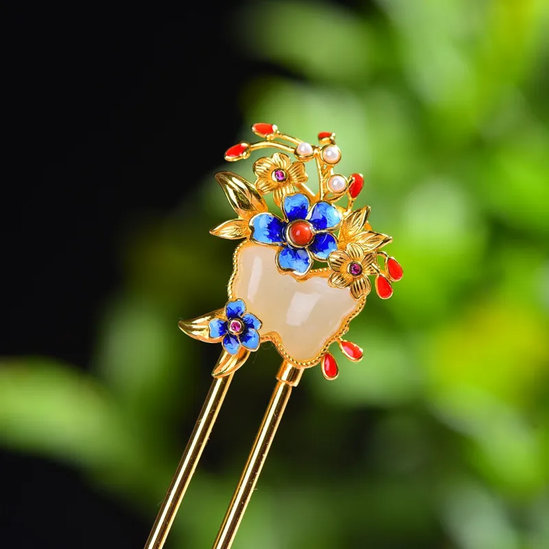 Jade Charm Yao Hetian Jade Hairpin White Jade/Pale Greenish White Jade Women's-2