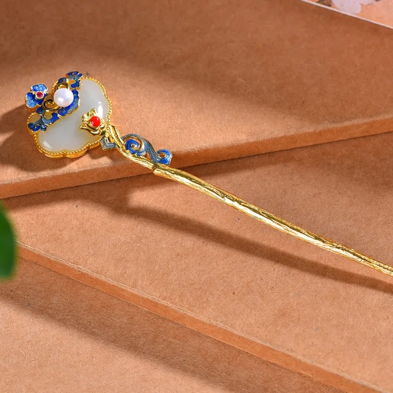 Jade Charm Yao Hetian Jade Hairpin White Jade/Pale Greenish-White Jade Women's-5