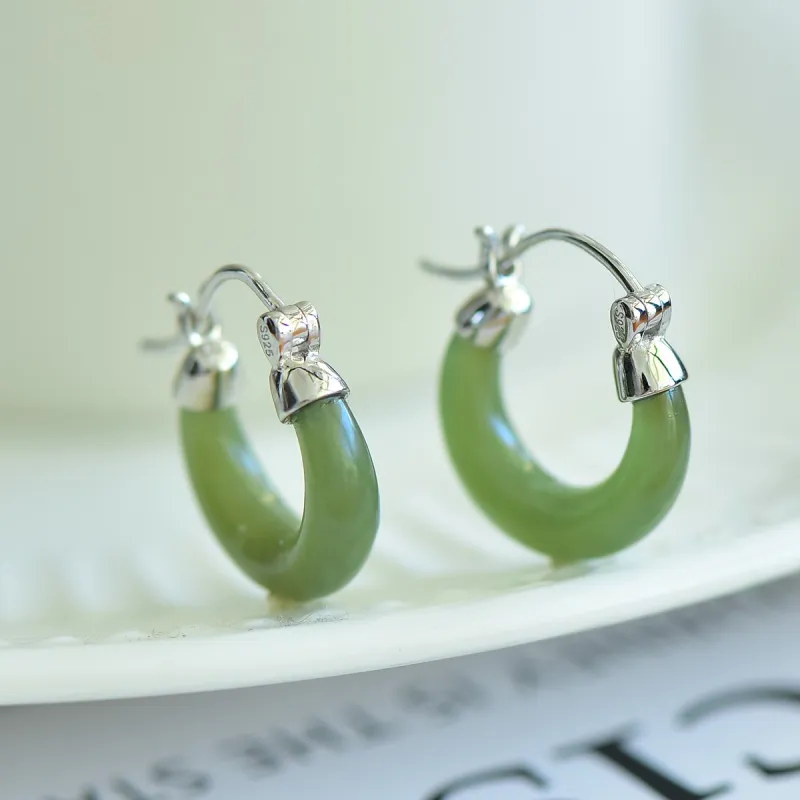 Jade Charm Yao Hetian Jade Earrings Pale Greenish White Jade Women's-5