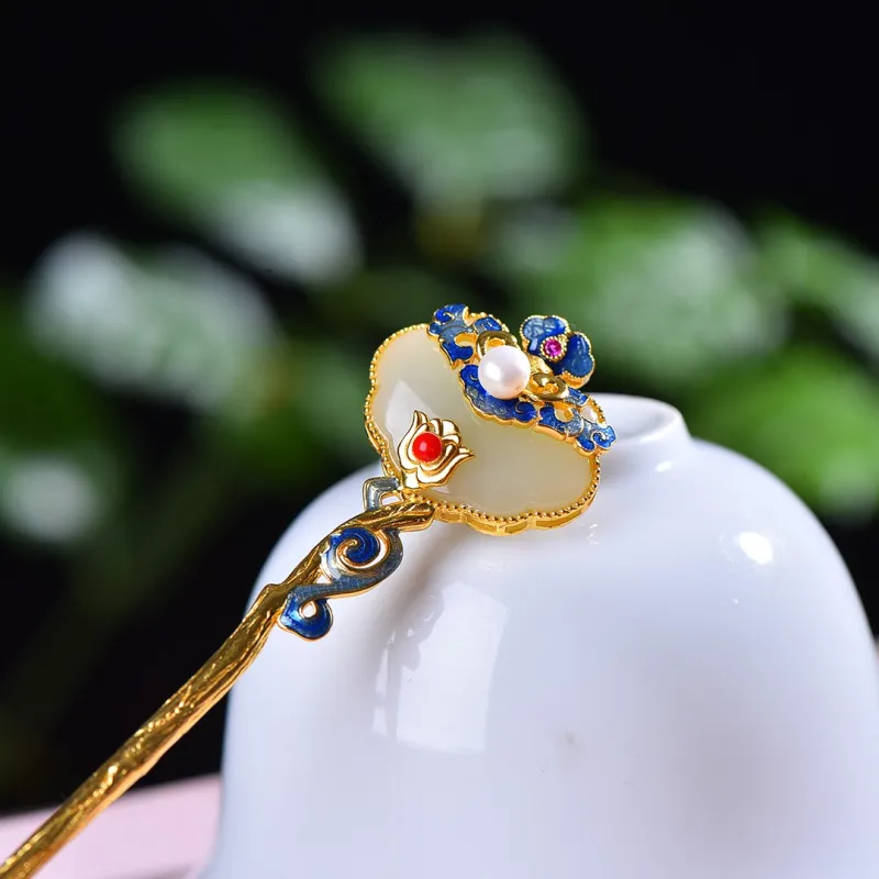 Jade Charm Yao Hetian Jade Hairpin White Jade/Pale Greenish-White Jade Women's-3