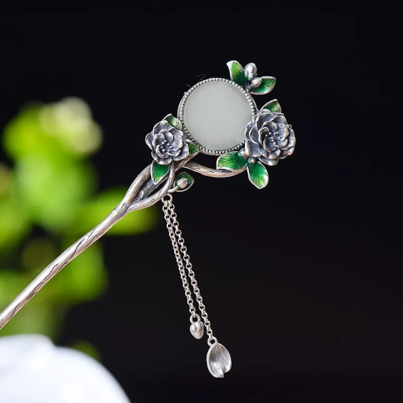 Jade Charm Yao Hetian Jade Hairpin White Jade/Pale Greenish White Jade Women's-2