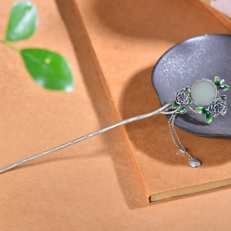 Jade Charm Yao Hetian Jade Hairpin White Jade/Pale Greenish White Jade Women's-4