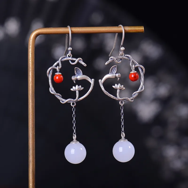 Jade Charm Yao Hetian Jade Earrings White Jade/Pale Greenish White Jade Women's-2