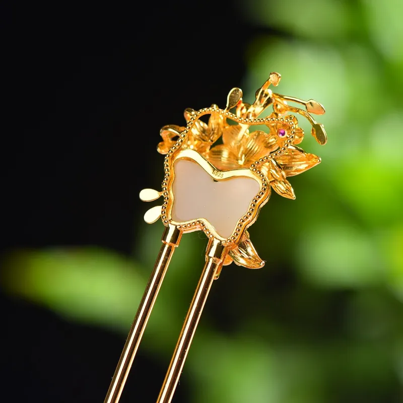 Jade Charm Yao Hetian Jade Hairpin White Jade/Pale Greenish White Jade Women's-6