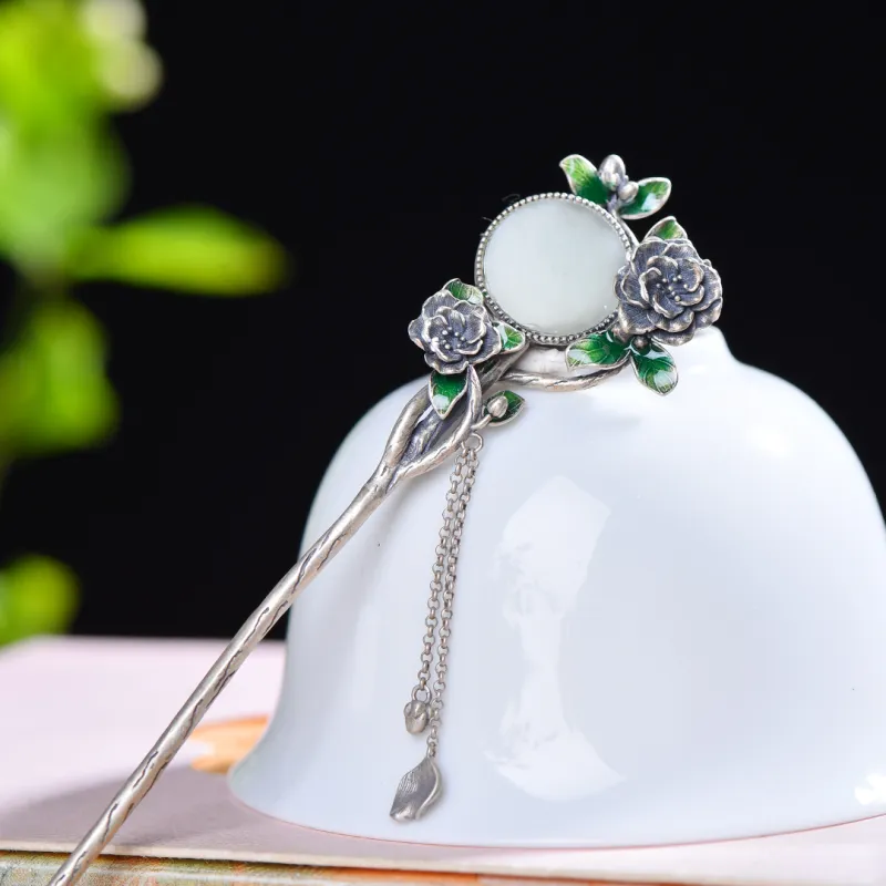 Jade Charm Yao Hetian Jade Hairpin White Jade/Pale Greenish White Jade Women's-3