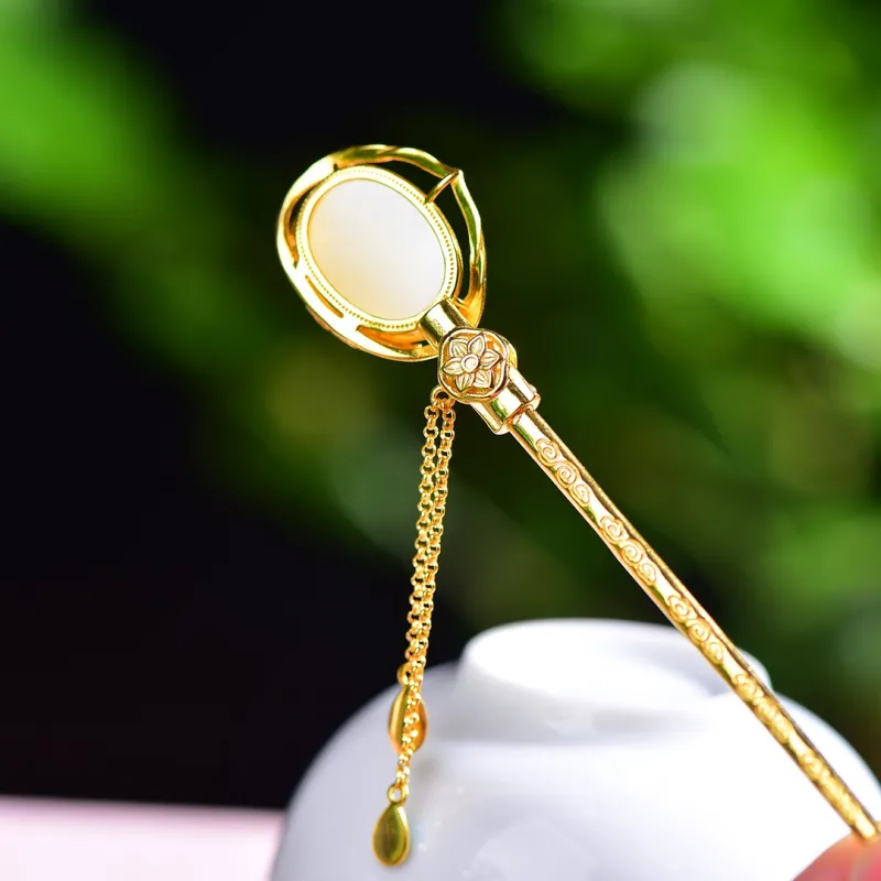Jade Charm Yao Hetian Jade Hairpin Pale Greenish White Jade Women's-6