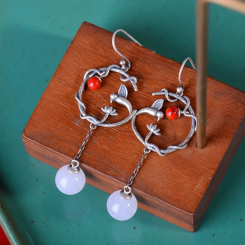 Jade Charm Yao Hetian Jade Earrings White Jade/Pale Greenish White Jade Women's-5