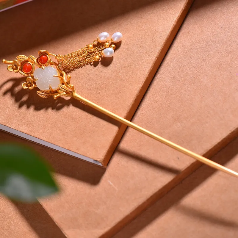 Jade Charm Yao Hetian Jade Hairpin White Jade/Pale Greenish White Jade Women's-3