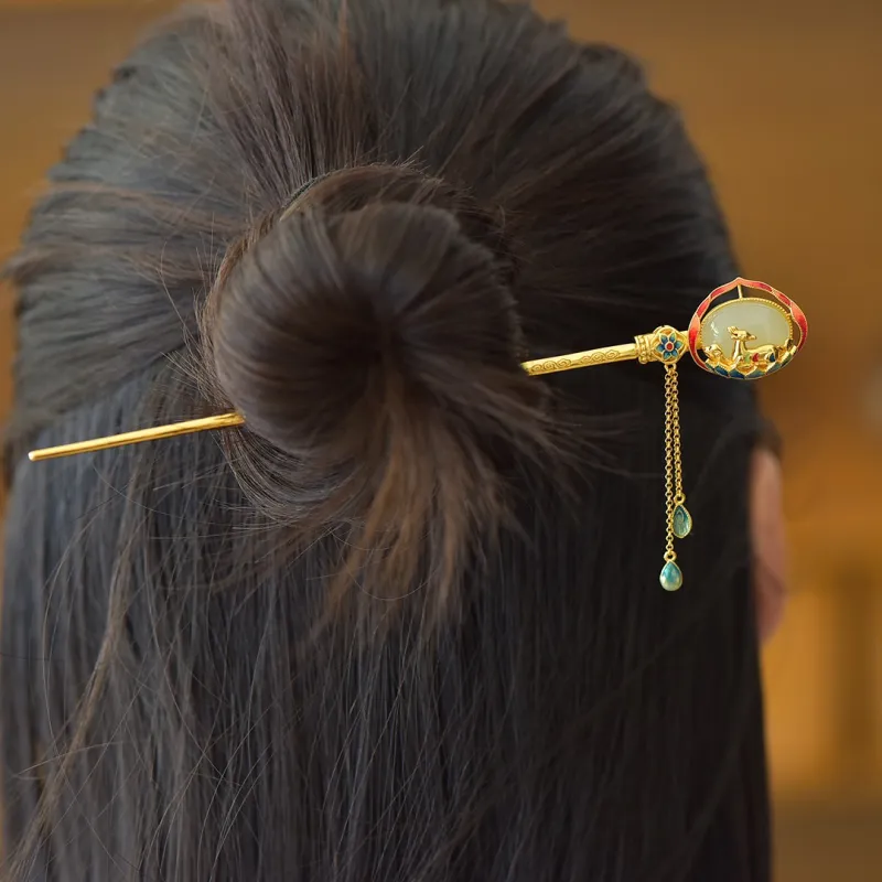 Jade Charm Yao Hetian Jade Hairpin Pale Greenish White Jade Women's-1