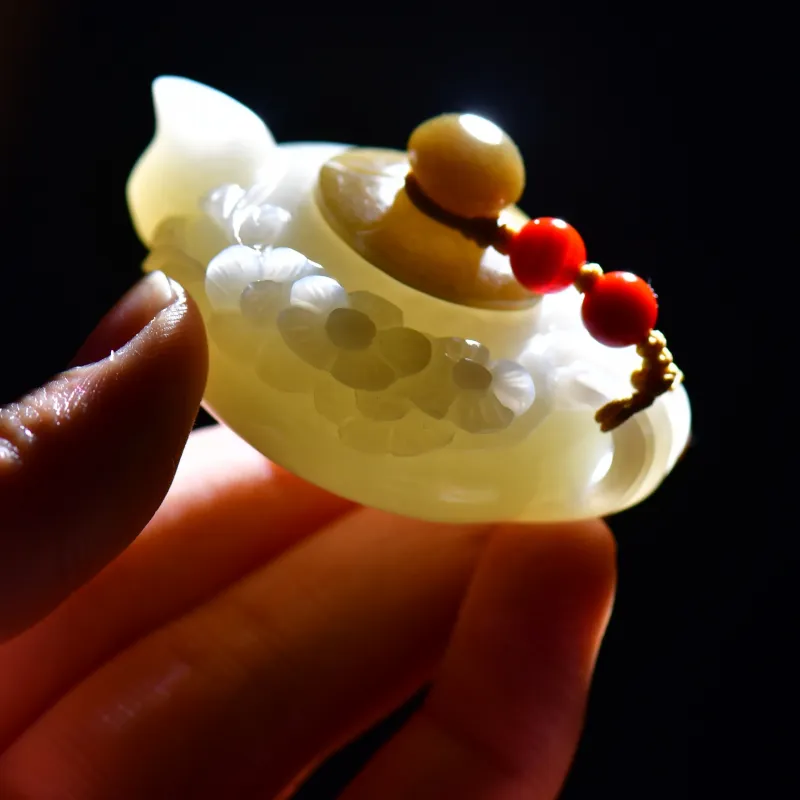 Jade Charm Yao Hetian Jade Handheld Piece White Jade/Pale Greenish-White Jade Unisex-5