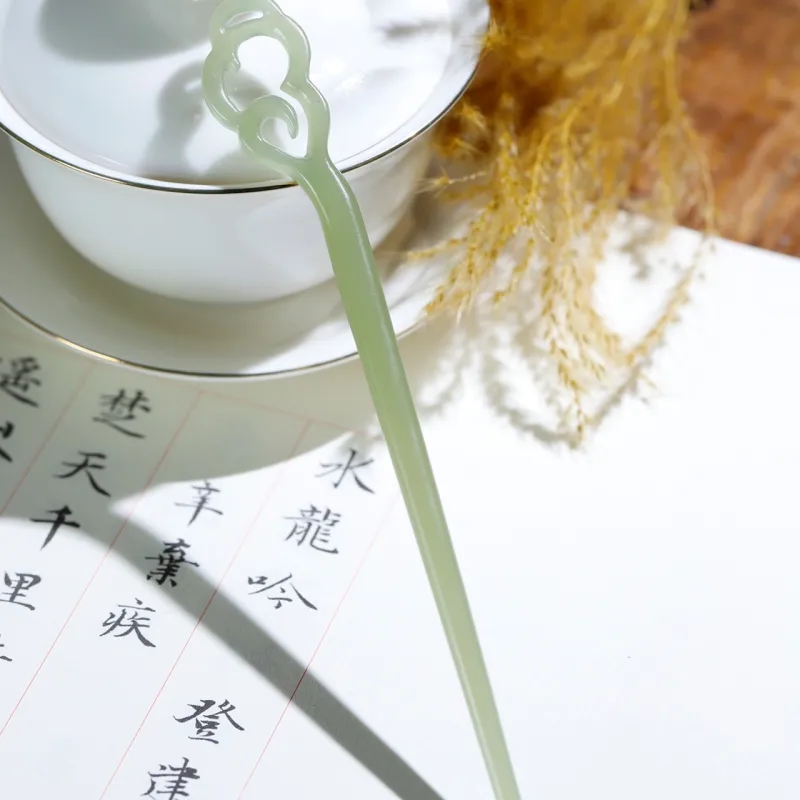 Jade Charm Yao Hetian Jade Hairpin Pale Greenish White Jade Women's-3