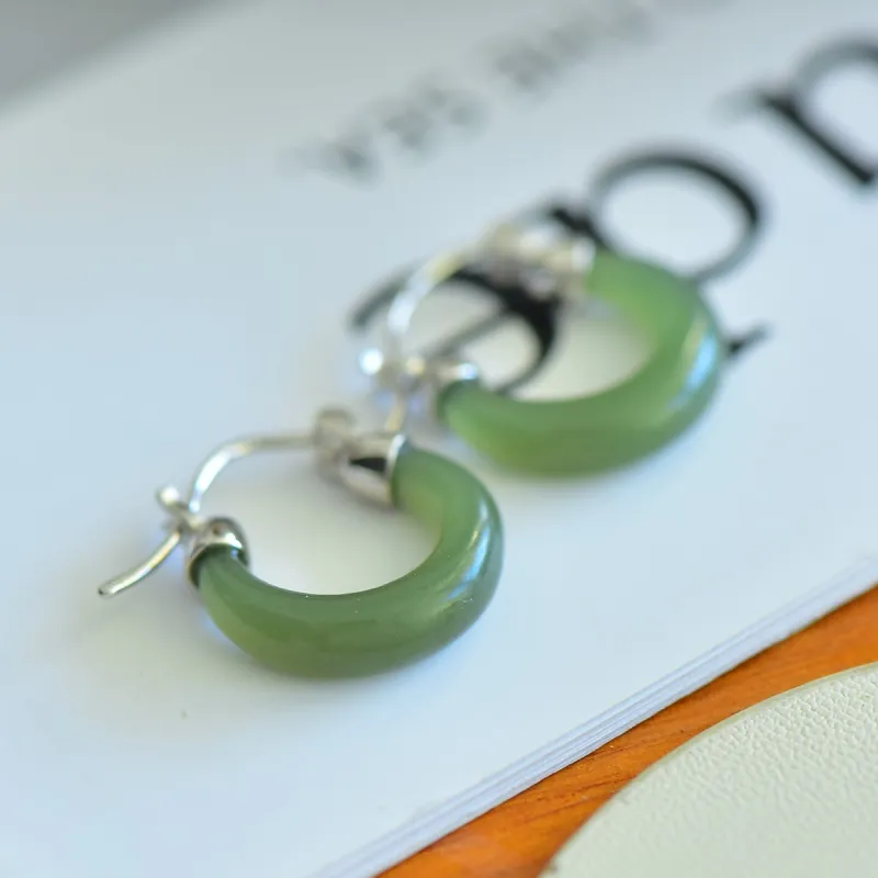 Jade Charm Yao Hetian Jade Earrings Pale Greenish White Jade Women's-4