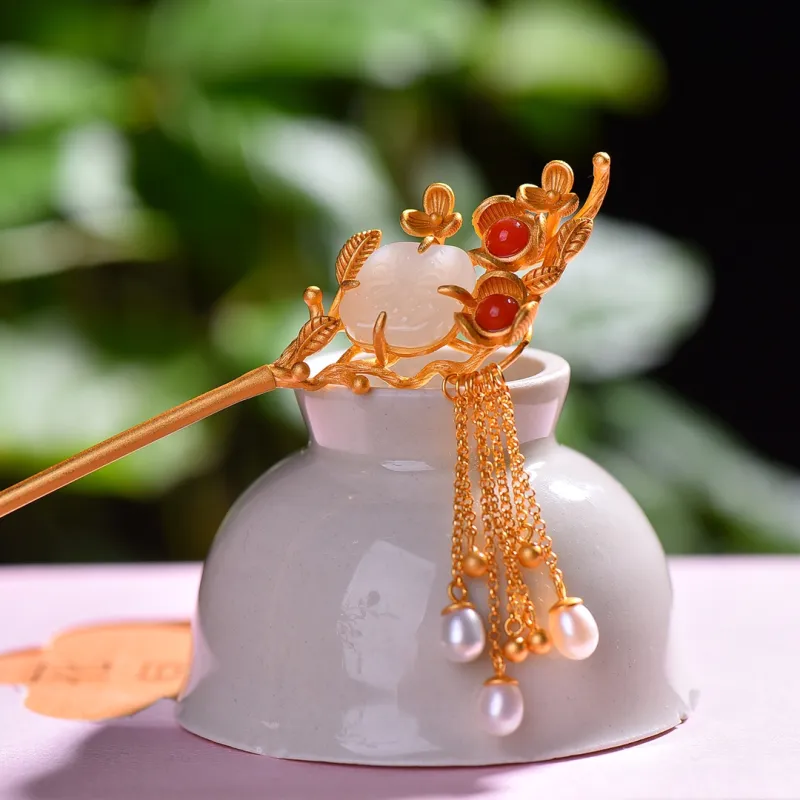 Jade Charm Yao Hetian Jade Hairpin White Jade/Pale Greenish White Jade Women's-1