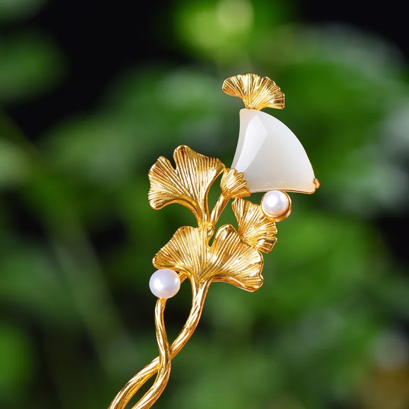 Jade Charm Yao Hetian Jade Hairpin White Jade/Pale Greenish White Jade Women's-2