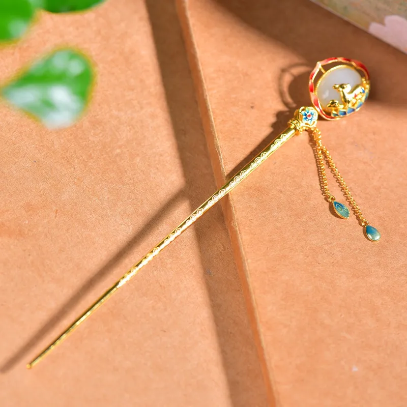 Jade Charm Yao Hetian Jade Hairpin Pale Greenish White Jade Women's-4