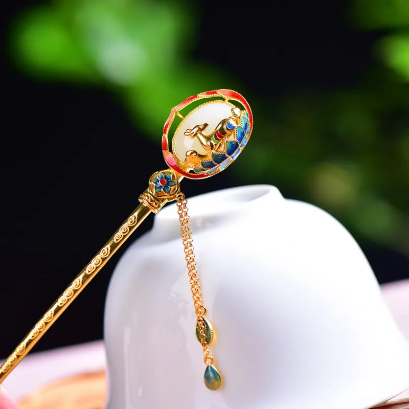 Jade Charm Yao Hetian Jade Hairpin Pale Greenish White Jade Women's-2