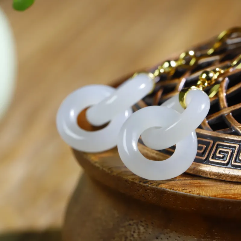 Jade Charm Yao Earrings White Jade/Pale Greenish White Jade Women's-4