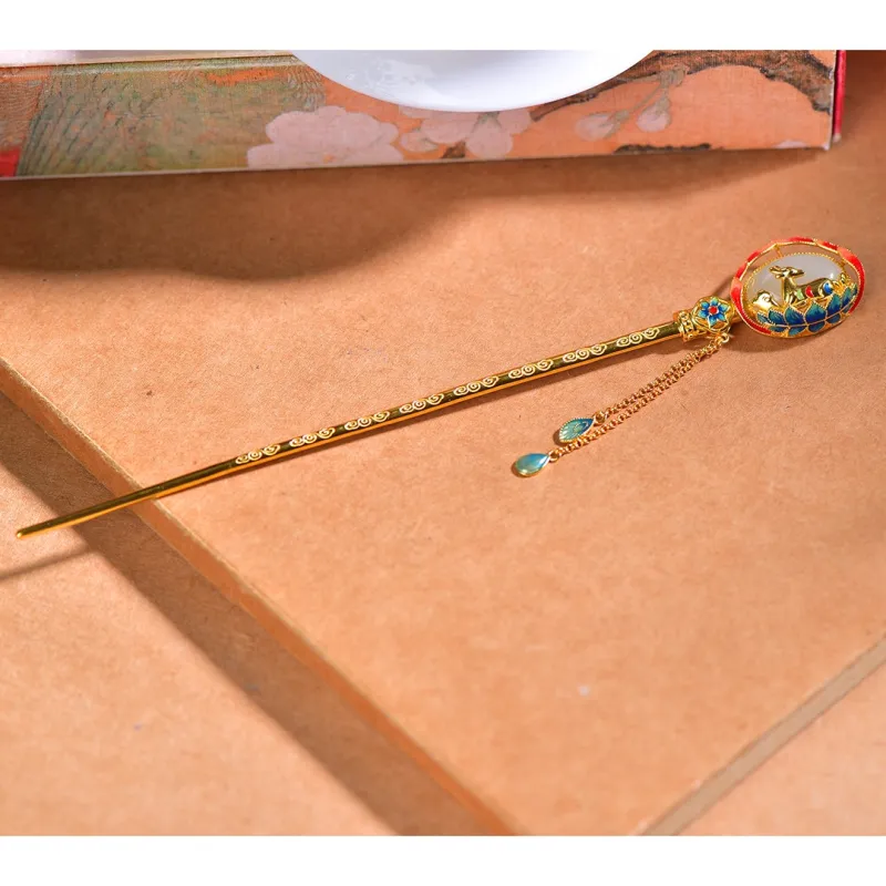 Jade Charm Yao Hetian Jade Hairpin Pale Greenish White Jade Women's-5