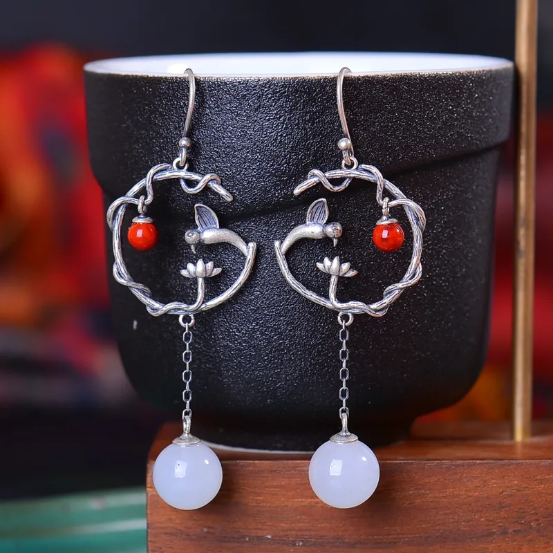 Jade Charm Yao Hetian Jade Earrings White Jade/Pale Greenish White Jade Women's-3