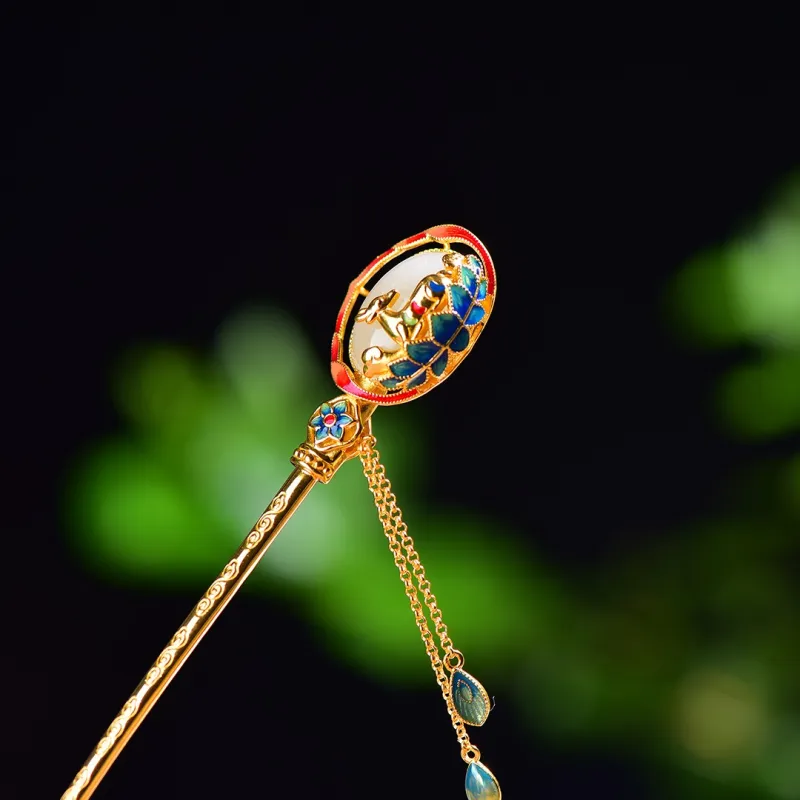 Jade Charm Yao Hetian Jade Hairpin Pale Greenish White Jade Women's-3