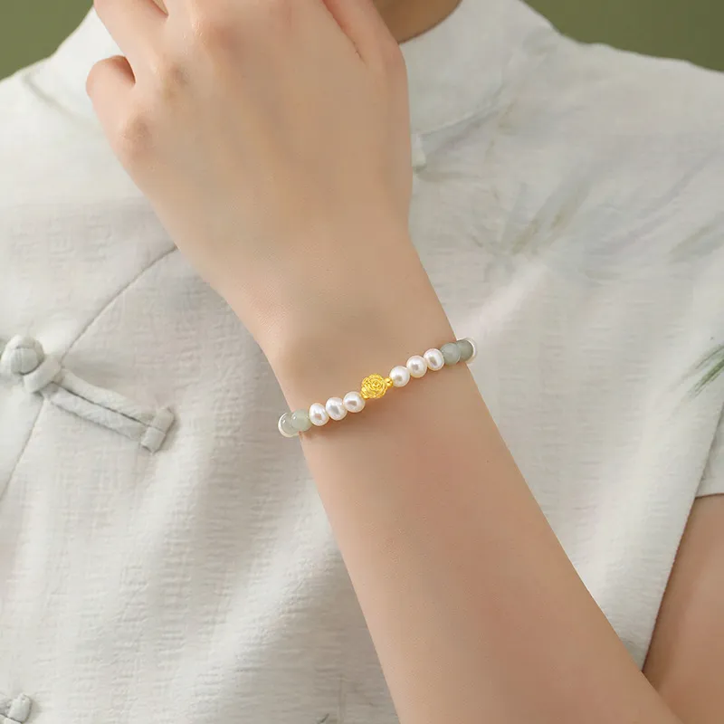 LOVING Freshwater Pearl Hetian Jade Bracelets Women's Pale Greenish-White Jade-1