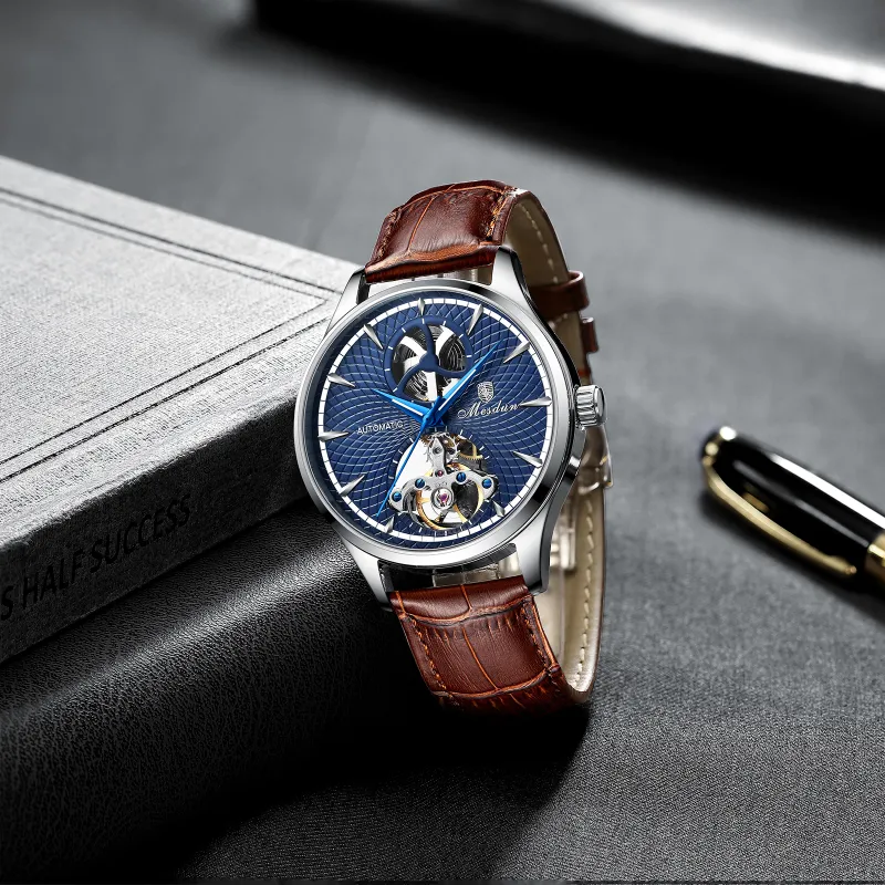 MESDUN Mechanical Movement Genuine Leather Strap Watch Men's Watches Silver Dial-3