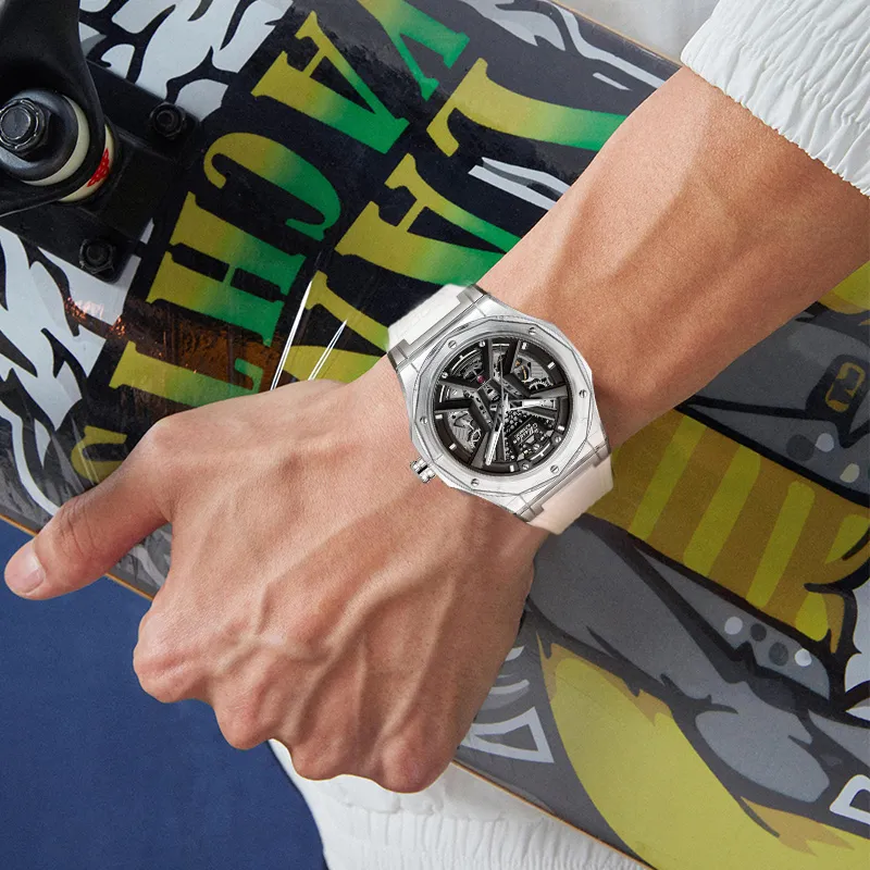 MESDUN Automatic Mechanical Movement Silicone Strap Watch Men's Watches Black Dial-2