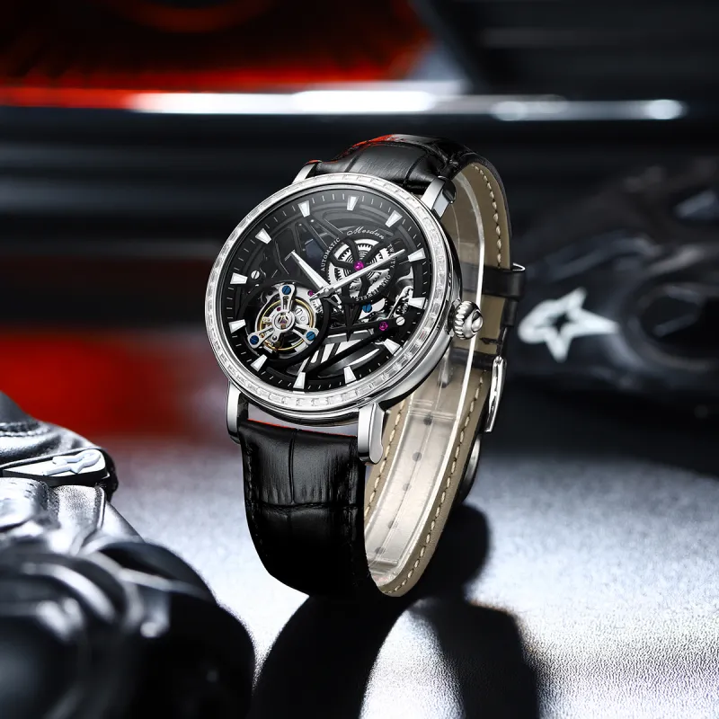 MESDUN Mechanical Movement Genuine Leather Strap Watch Men's Watches Silver Dial-7