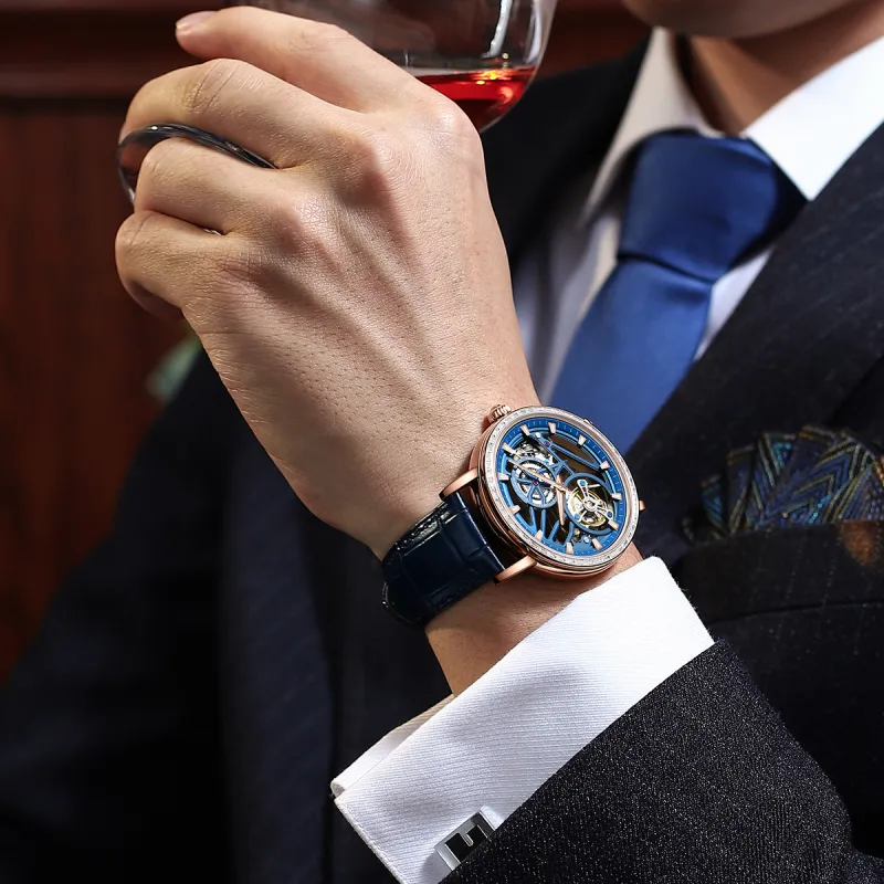 MESDUN Mechanical Movement Genuine Leather Strap Watch Men's Watches Silver Dial-4