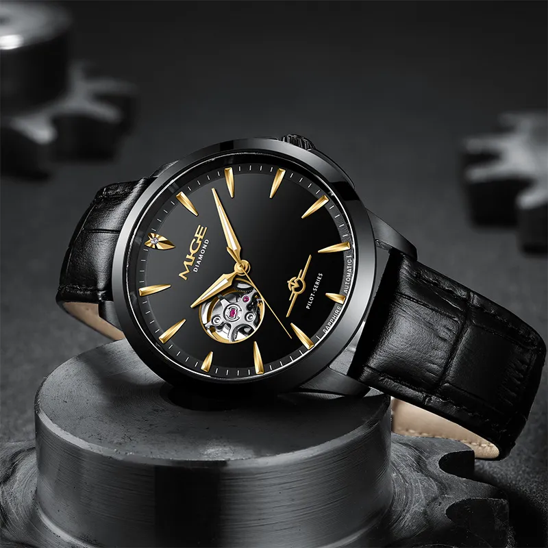 MIGE Pilot Collection Mechanical Movement Cowhide Strap Watch Men's Watches Black Dial-2