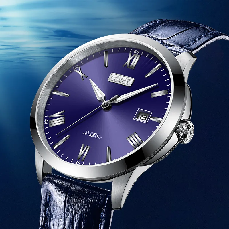 MIGE Pilot Collection Automatic Mechanical Movement Cowhide Strap Watch Men's Watches Blue Dial-1