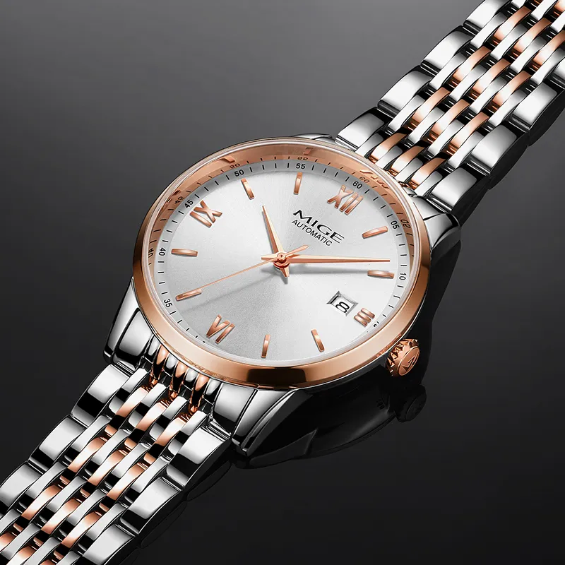 MIGE Modern Automatic Mechanical Movement Stainless Steel Watchband Watch Men's Watches White Dial-2