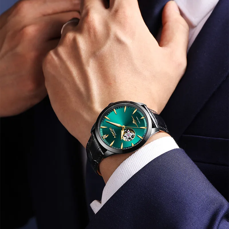 MIGE Pilot Collection Mechanical Movement Cowhide Strap Watch Men's Watches Black Dial-5