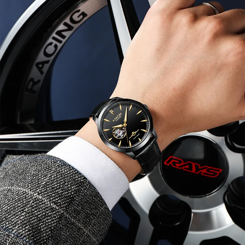 MIGE Pilot Collection Mechanical Movement Cowhide Strap Watch Men's Watches Black Dial-1