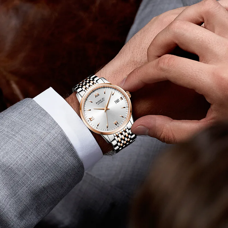 MIGE Modern Automatic Mechanical Movement Stainless Steel Watchband Watch Men's Watches White Dial-3
