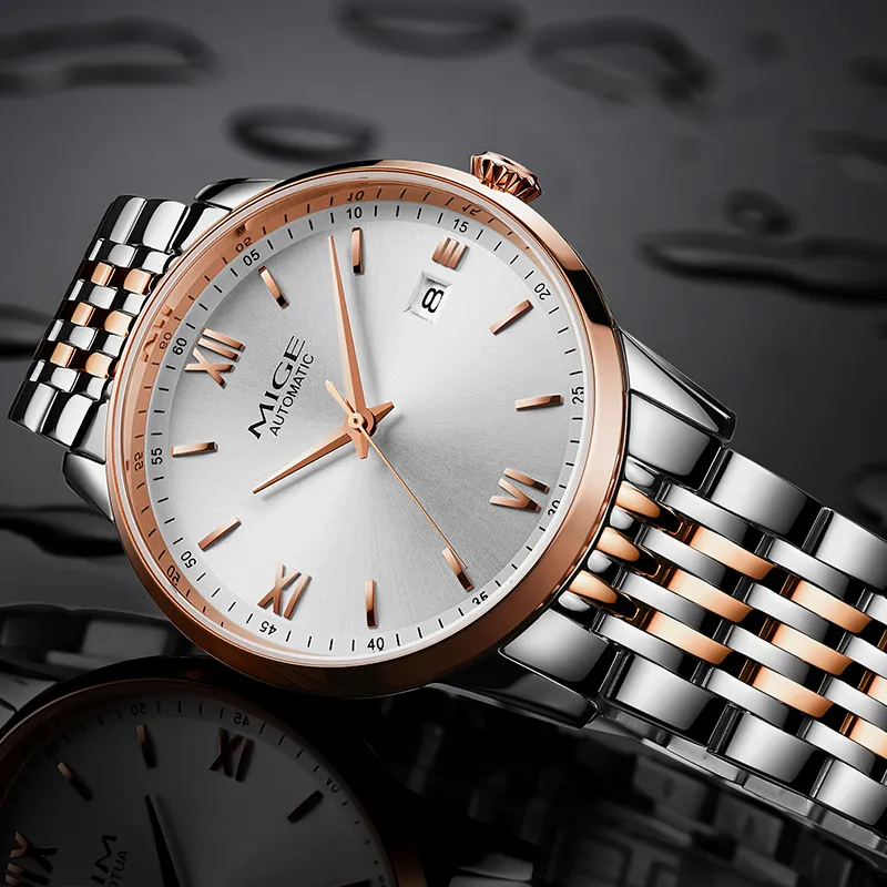 MIGE Modern Automatic Mechanical Movement Stainless Steel Watchband Watch Men's Watches White Dial-1