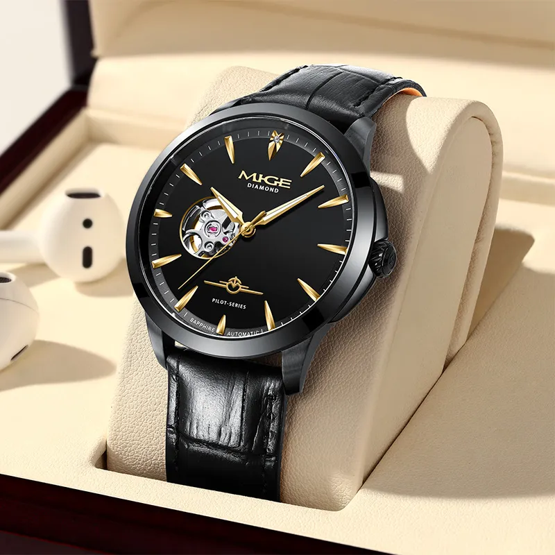 MIGE Pilot Collection Mechanical Movement Cowhide Strap Watch Men's Watches Black Dial-3