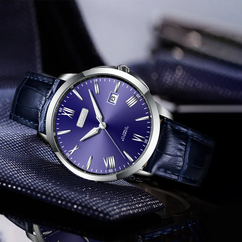 MIGE Pilot Collection Automatic Mechanical Movement Cowhide Strap Watch Men's Watches Blue Dial-2