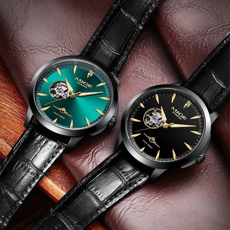 MIGE Pilot Collection Mechanical Movement Cowhide Strap Watch Men's Watches Black Dial-6