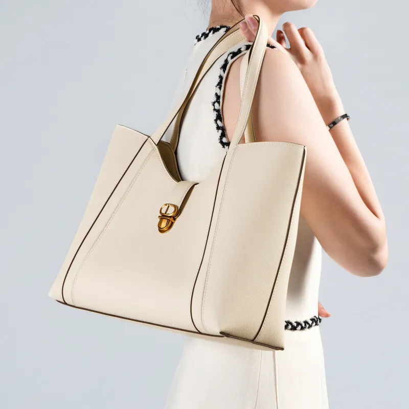 Chrisdien Deny Cow Leather Tote Handbag, Shoulder Bag Women's Ecru/Khaki/Black-19