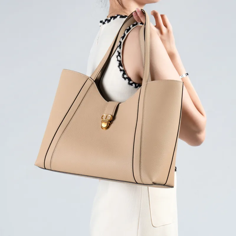 Chrisdien Deny Cow Leather Tote Handbag, Shoulder Bag Women's Ecru/Khaki/Black-13