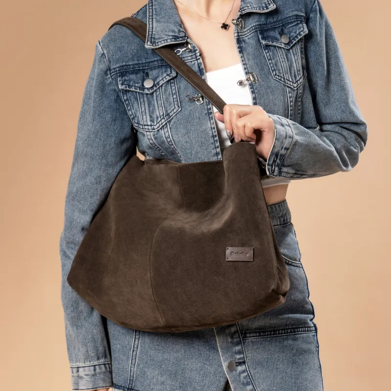 Chrisdien Deny Cow Suede Leather, Cow Leather Tote Bag, Shopping Bag, Shoulder Bag Women's Dark Brown-5