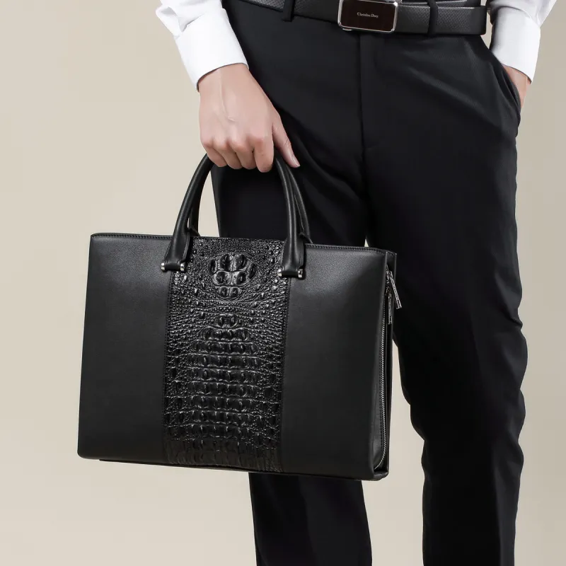 Chrisdien Deny Crocodile Leather With Cow Leather Briefcase Men's Black-5