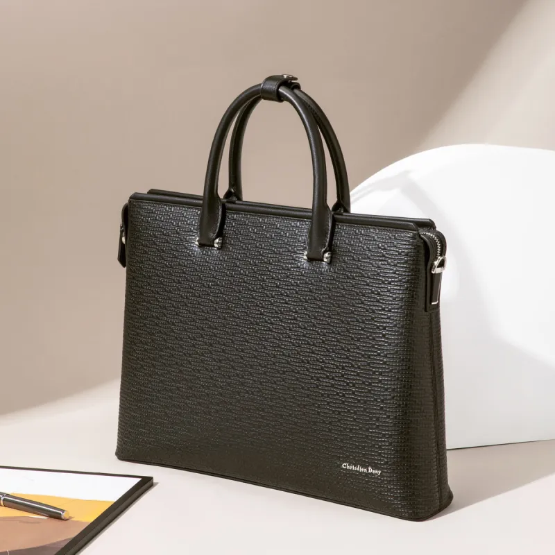 Chrisdien Deny Cow Leather Portable Briefcase Men's Black-5