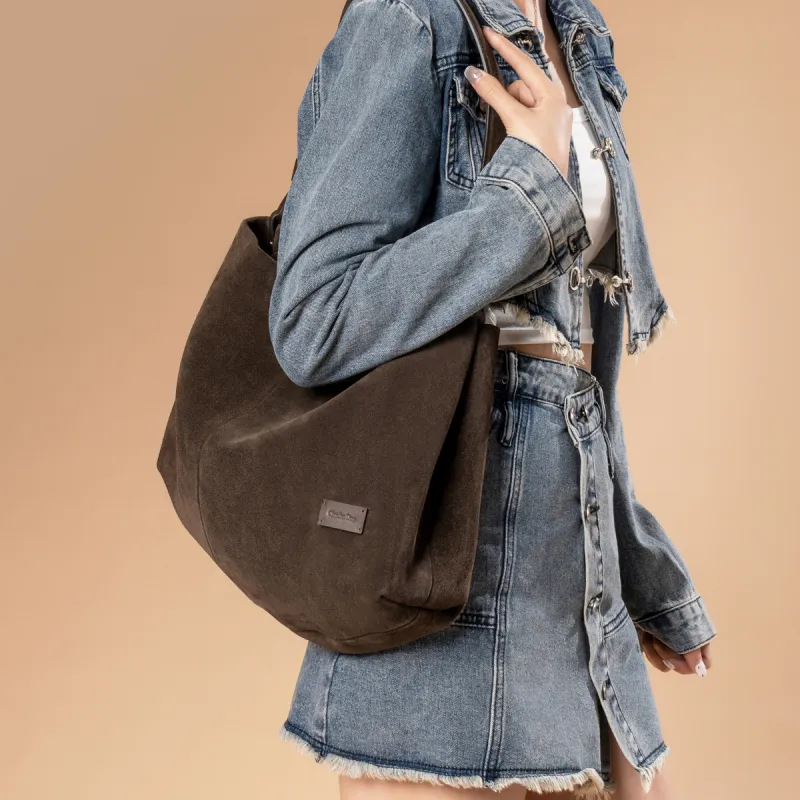 Chrisdien Deny Cow Suede Leather, Cow Leather Tote Bag, Shopping Bag, Shoulder Bag Women's Dark Brown-4