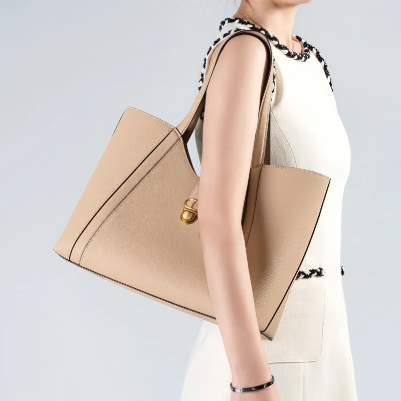 Chrisdien Deny Cow Leather Tote Handbag, Shoulder Bag Women's Ecru/Khaki/Black-12