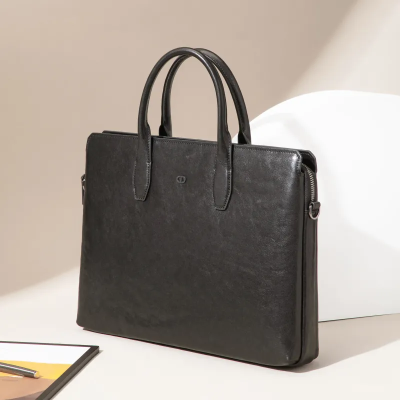 Chrisdien Deny Cow Leather Briefcase Medium Size Men's Black-3