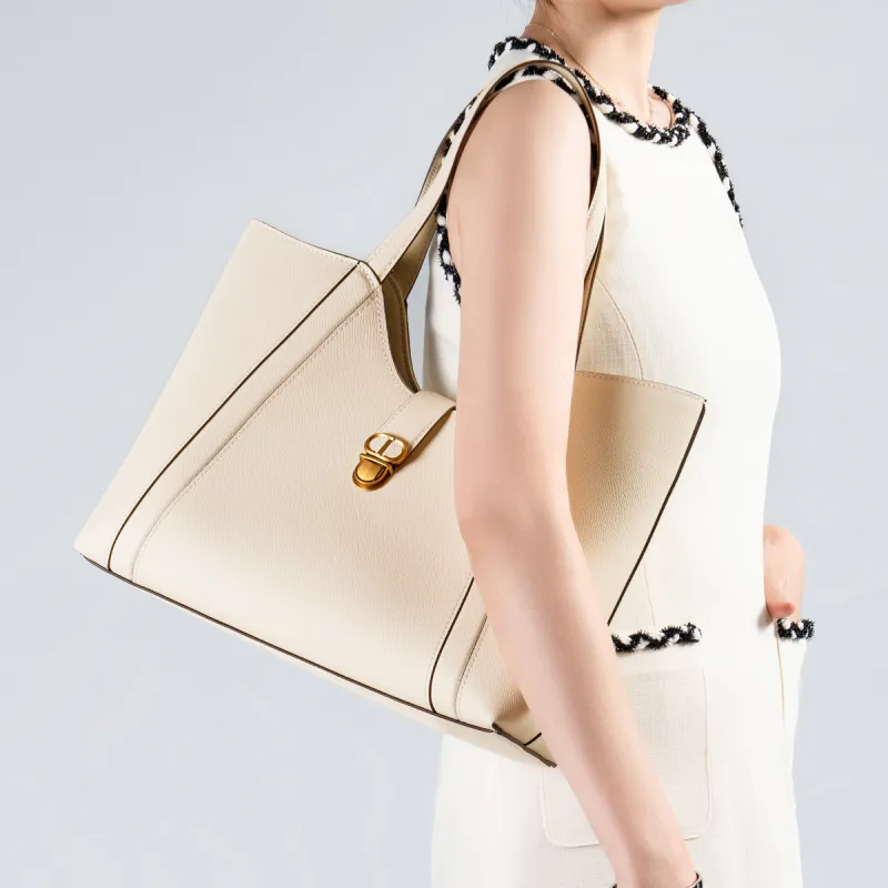 Chrisdien Deny Cow Leather Tote Handbag, Shoulder Bag Women's Ecru/Khaki/Black-20
