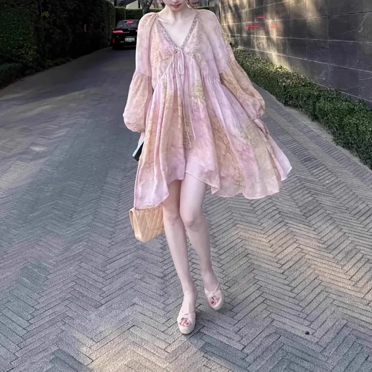 TORIGHT Long Sleeved Dresses Women's Pink+Bow Hair Tie.-3